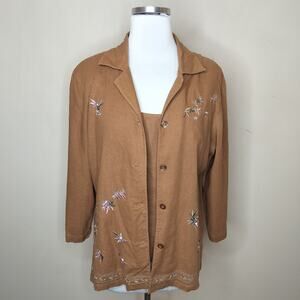 J.L.C Linen Blend Button Up Shirt Tank Embroidered Floral